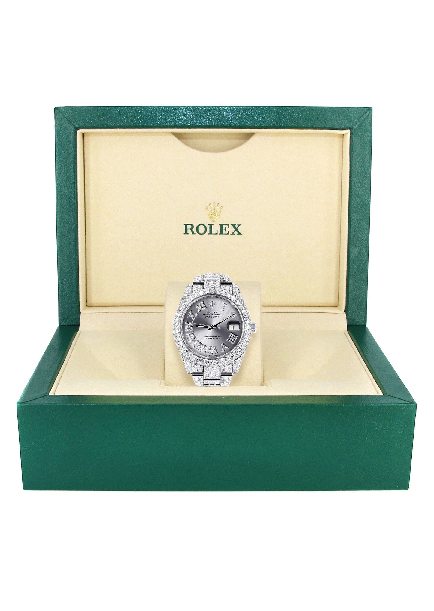 Womens Diamond Iced Out Rolex Datejust 41 | 25 Carats Of Diamonds | Custom Silver Roman Numeral Diamond Dial | Two Row | Oyster Band
