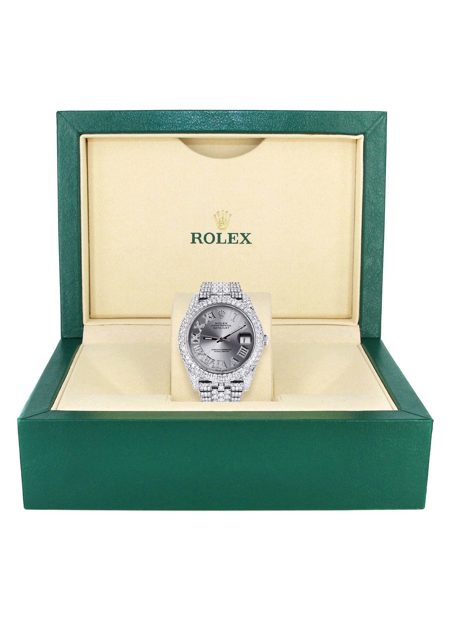 Womens Diamond Iced Out Rolex Datejust 41 | 25 Carats Of Diamonds | Custom Silver Roman Numeral Diamond Dial | Two Row | Jubilee Band
