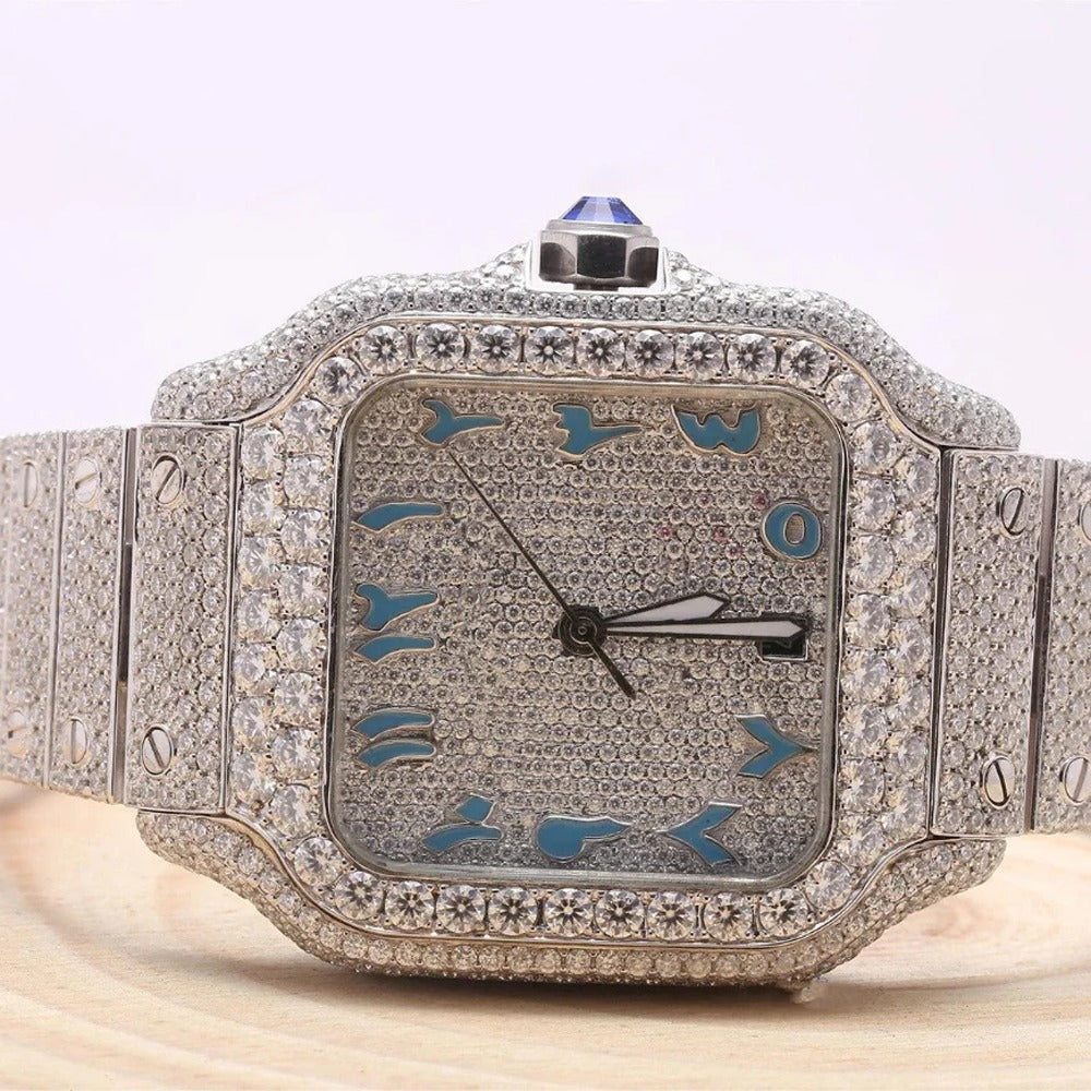 VVS1 Moissanite Blue Arabic Number Dial Iced Out Watch Gift For Men's