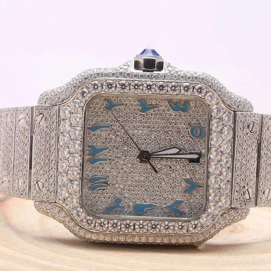 VVS1 Moissanite Blue Arabic Number Dial Iced Out Watch Gift For Men's