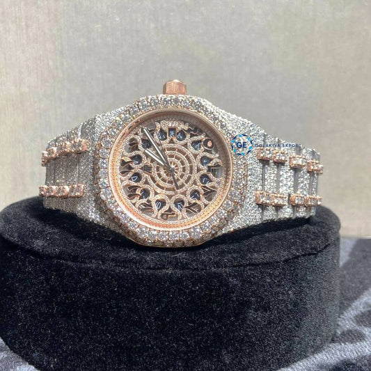 Rose & White Moissanite Handmade Skeleton Hip Hop Watch