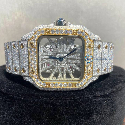 Skeleton Dual Tone Moissanite Hip Hop Watch For Men's