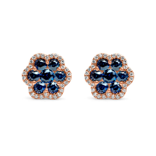 14k Rose Gold Diamond Sapphire Cluster Earrings