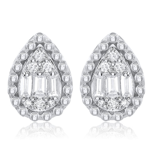 14k White Gold Baguette & Round Diamond Earrings 0.18ctw