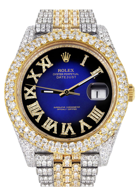 Womens Diamond Iced Out Rolex Datejust 41 | 25 Carats Of Diamonds | Custom Blue Black Roman Numeral Diamond Dial | Two Tone | Two Row | Jubilee Band