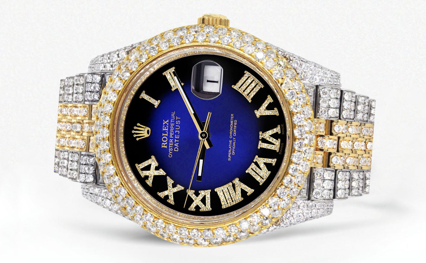 Womens Diamond Iced Out Rolex Datejust 41 | 25 Carats Of Diamonds | Custom Blue Black Roman Numeral Diamond Dial | Two Tone | Two Row | Jubilee Band