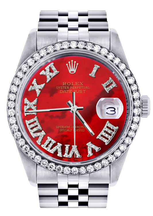 Womens Rolex Datejust Watch 16200 | 36Mm | Diamond Red Mother Of Pearl Roman Numeral Dial | Jubilee Band