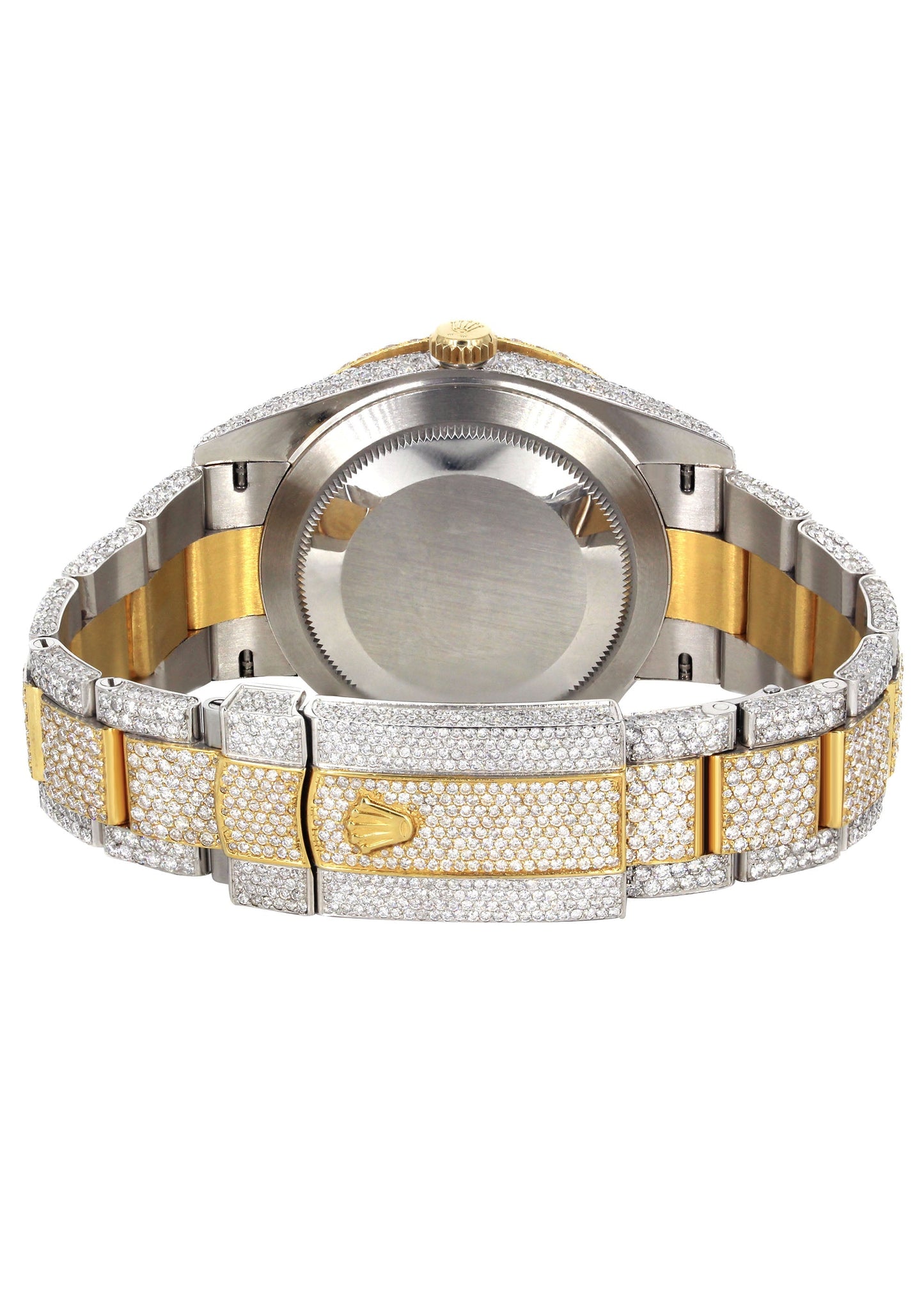 Womens Diamond Iced Out Rolex Datejust 41 | 25 Carats Of Diamonds | Custom Red Mother of Pearl Roman Numeral Diamond Dial | Two Tone | Two Row | Oyster Band