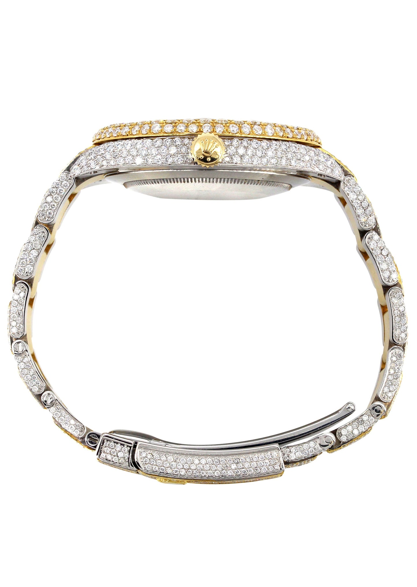 Womens Diamond Iced Out Rolex Datejust 41 | 25 Carats Of Diamonds | Custom Red Mother of Pearl Roman Numeral Diamond Dial | Two Tone | Two Row | Oyster Band