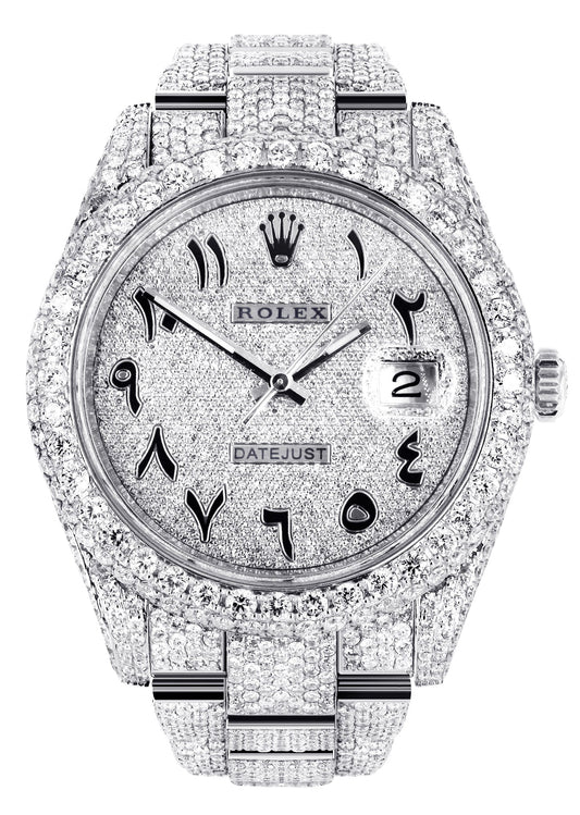 Womens Diamond Iced Out Rolex Datejust 41 | 25 Carats Of Diamonds | Custom Arabic Diamond Dial | Two Row | Oyster Band