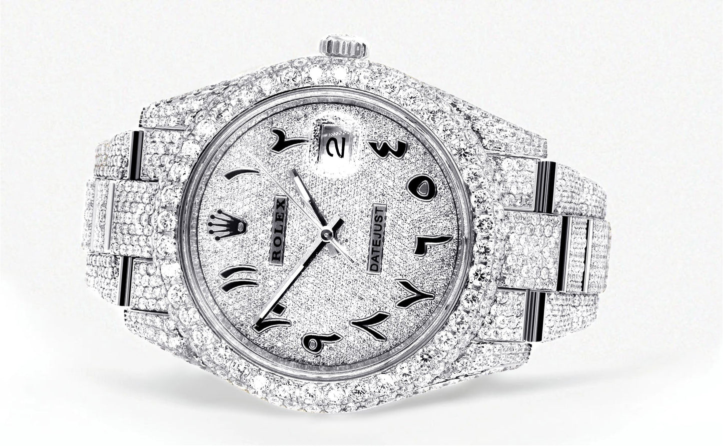 Womens Diamond Iced Out Rolex Datejust 41 | 25 Carats Of Diamonds | Custom Arabic Diamond Dial | Two Row | Oyster Band
