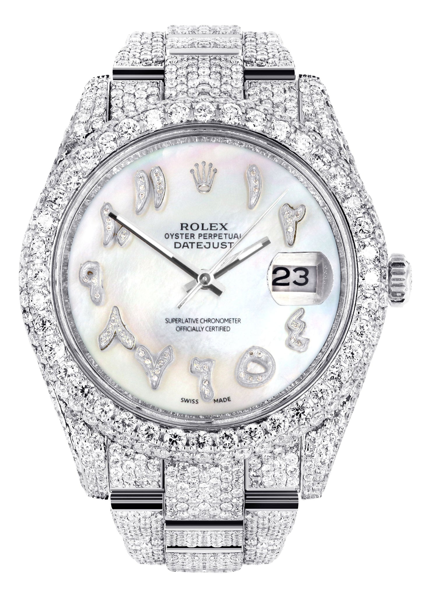 Womens Diamond Iced Out Rolex Datejust 41 | 25 Carats Of Diamonds | Custom Mother of Pearl Arabic Numeral Diamond Dial | Two Row | Oyster Band