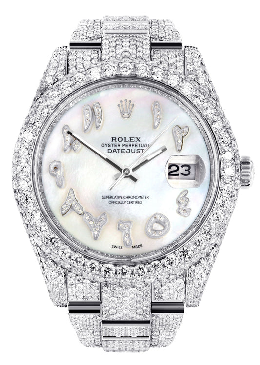 Womens Diamond Iced Out Rolex Datejust 41 | 25 Carats Of Diamonds | Custom Mother of Pearl Arabic Numeral Diamond Dial | Two Row | Oyster Band