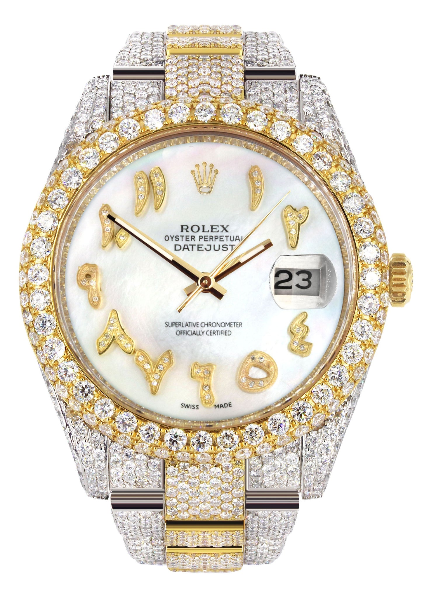 Womens Diamond Iced Out Rolex Datejust 41 | 25 Carats Of Diamonds | Custom Mother of Pearl Arabic Numeral Diamond Dial | Two Tone | Two Row | Oyster Band
