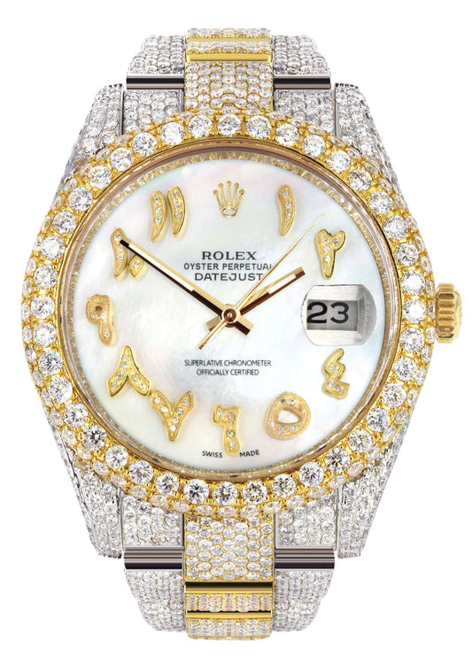 Womens Diamond Iced Out Rolex Datejust 41 | 25 Carats Of Diamonds | Custom Mother of Pearl Arabic Numeral Diamond Dial | Two Tone | Two Row | Oyster Band