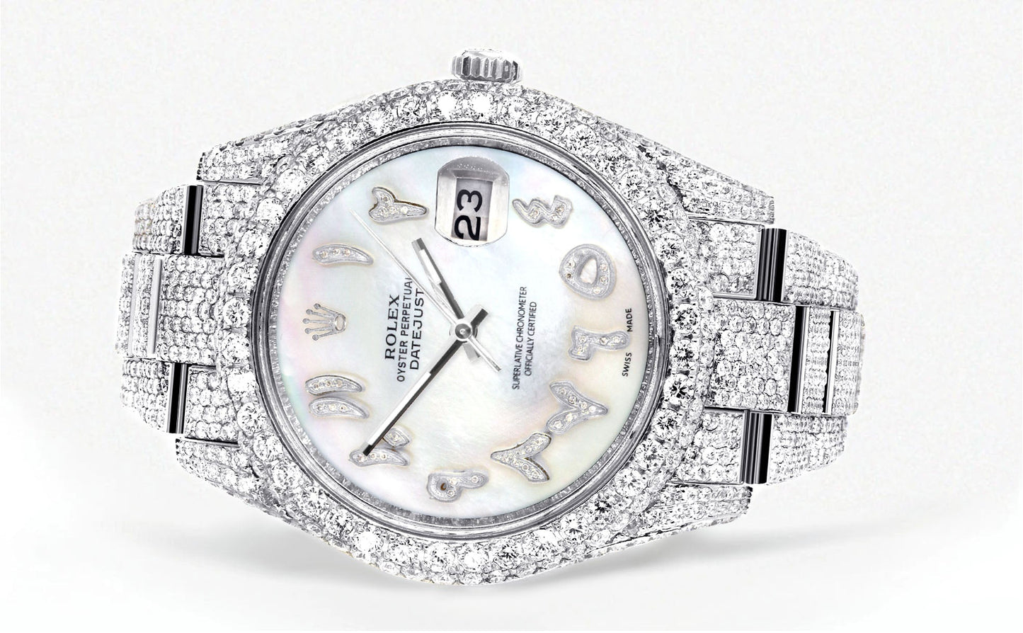 Womens Diamond Iced Out Rolex Datejust 41 | 25 Carats Of Diamonds | Custom Mother of Pearl Arabic Numeral Diamond Dial | Two Row | Oyster Band