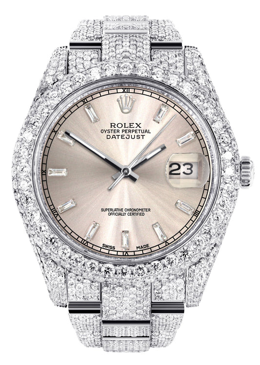 Womens Diamond Iced Out Rolex Datejust 41 | 25 Carats Of Diamonds | Custom Dawn Pink Dial | Two Row | Oyster Band