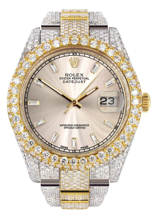 Womens Diamond Iced Out Rolex Datejust 41 | 25 Carats Of Diamonds | Custom Dawn Pink Dial | Two Tone | Two Row | Oyster Band