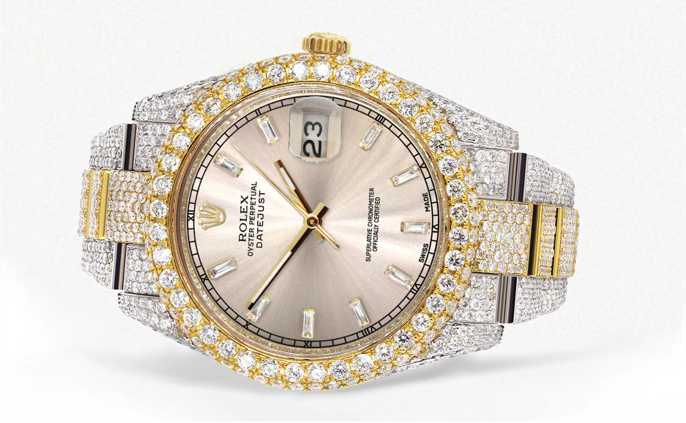 Womens Diamond Iced Out Rolex Datejust 41 | 25 Carats Of Diamonds | Custom Dawn Pink Dial | Two Tone | Two Row | Oyster Band