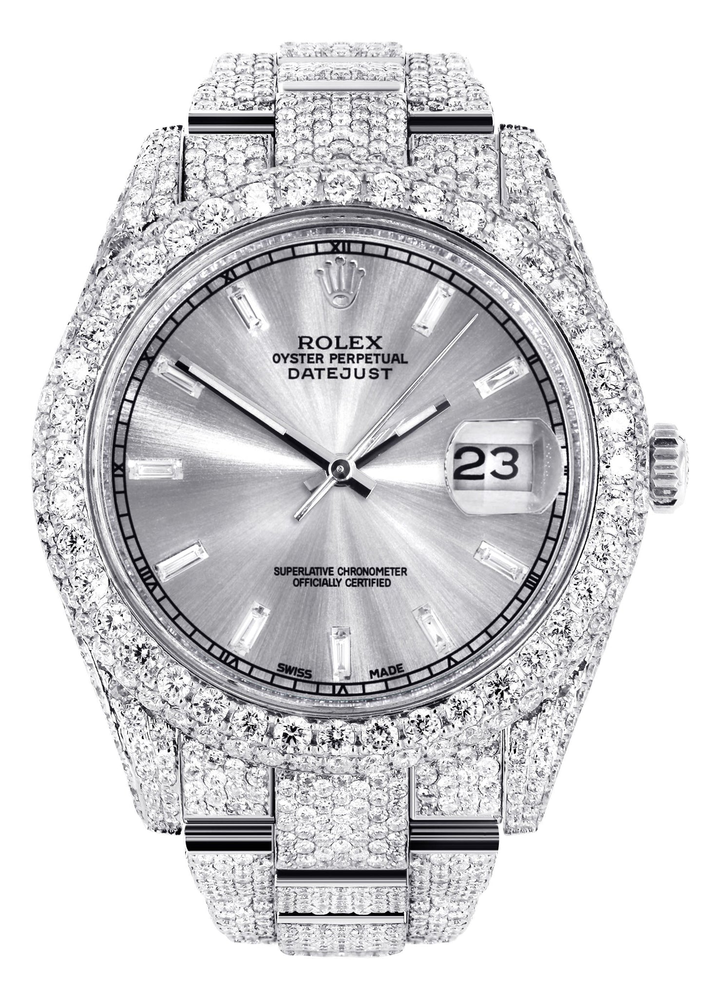 Womens Diamond Iced Out Rolex Datejust 41 | 25 Carats Of Diamonds | Custom Silver Diamond Dial | Two Row | Oyster Band
