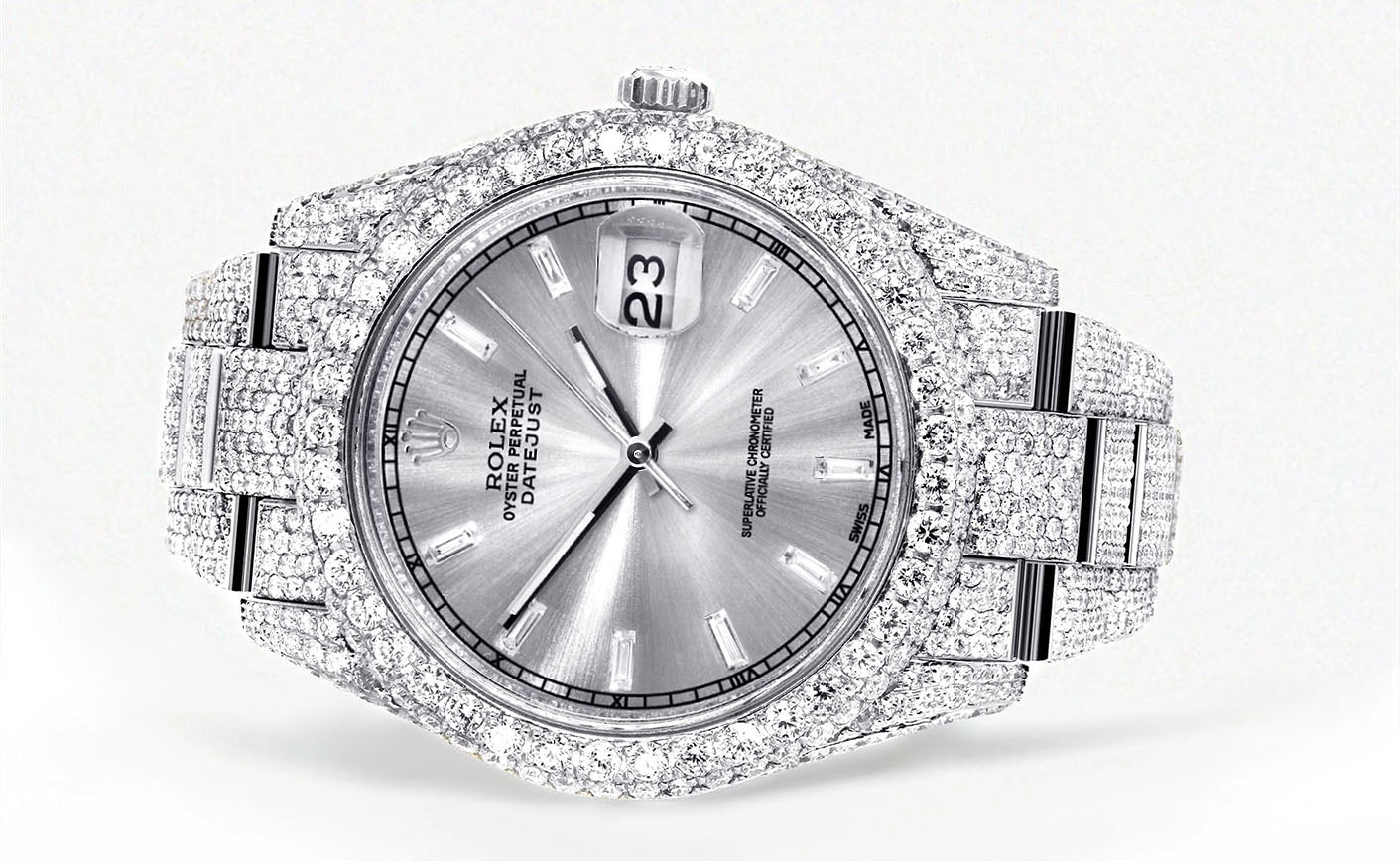 Womens Diamond Iced Out Rolex Datejust 41 | 25 Carats Of Diamonds | Custom Silver Diamond Dial | Two Row | Oyster Band