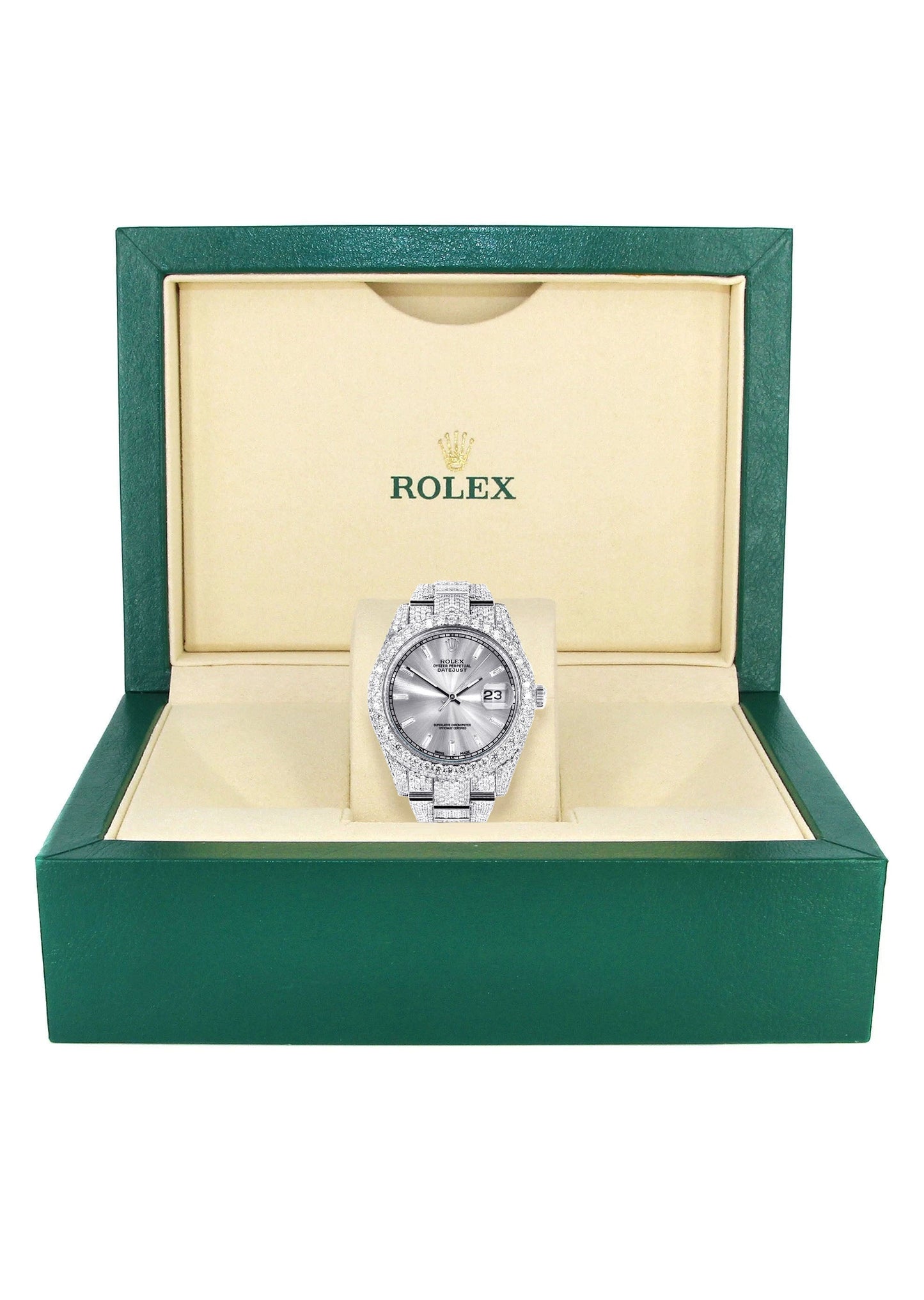 Womens Diamond Iced Out Rolex Datejust 41 | 25 Carats Of Diamonds | Custom Silver Diamond Dial | Two Row | Oyster Band