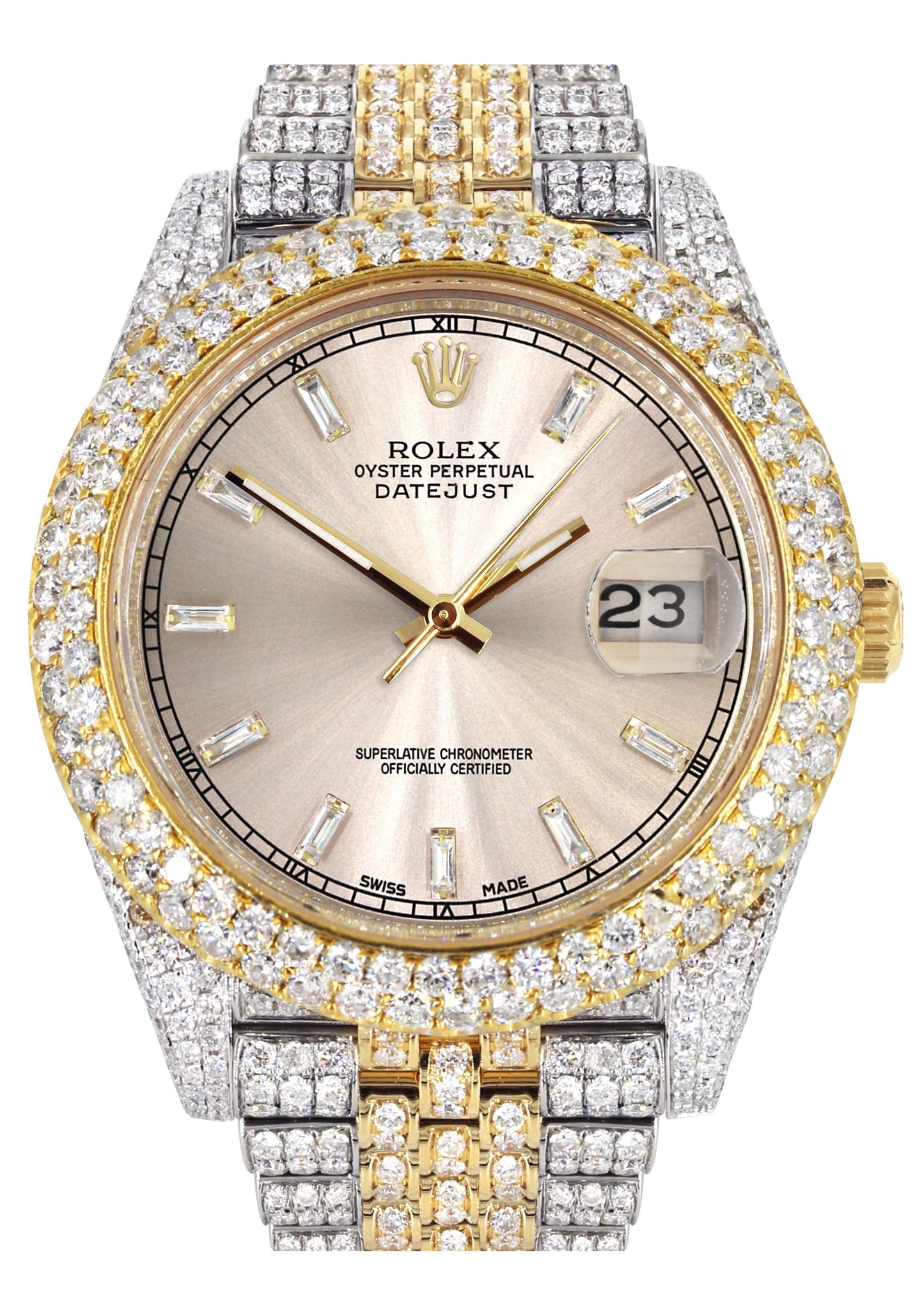 Womens Diamond Iced Out Rolex Datejust 41 | 25 Carats Of Diamonds | Custom Dawn Pink Dial | Two Tone | Two Row | Jubilee Band