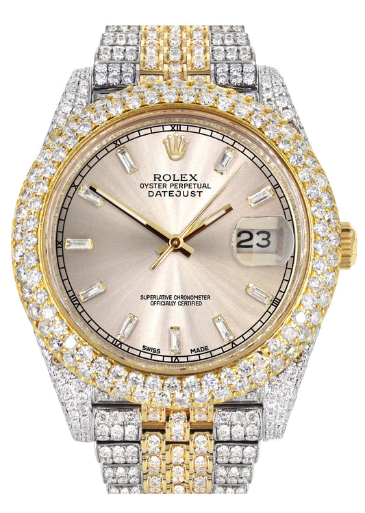 Womens Diamond Iced Out Rolex Datejust 41 | 25 Carats Of Diamonds | Custom Dawn Pink Dial | Two Tone | Two Row | Jubilee Band