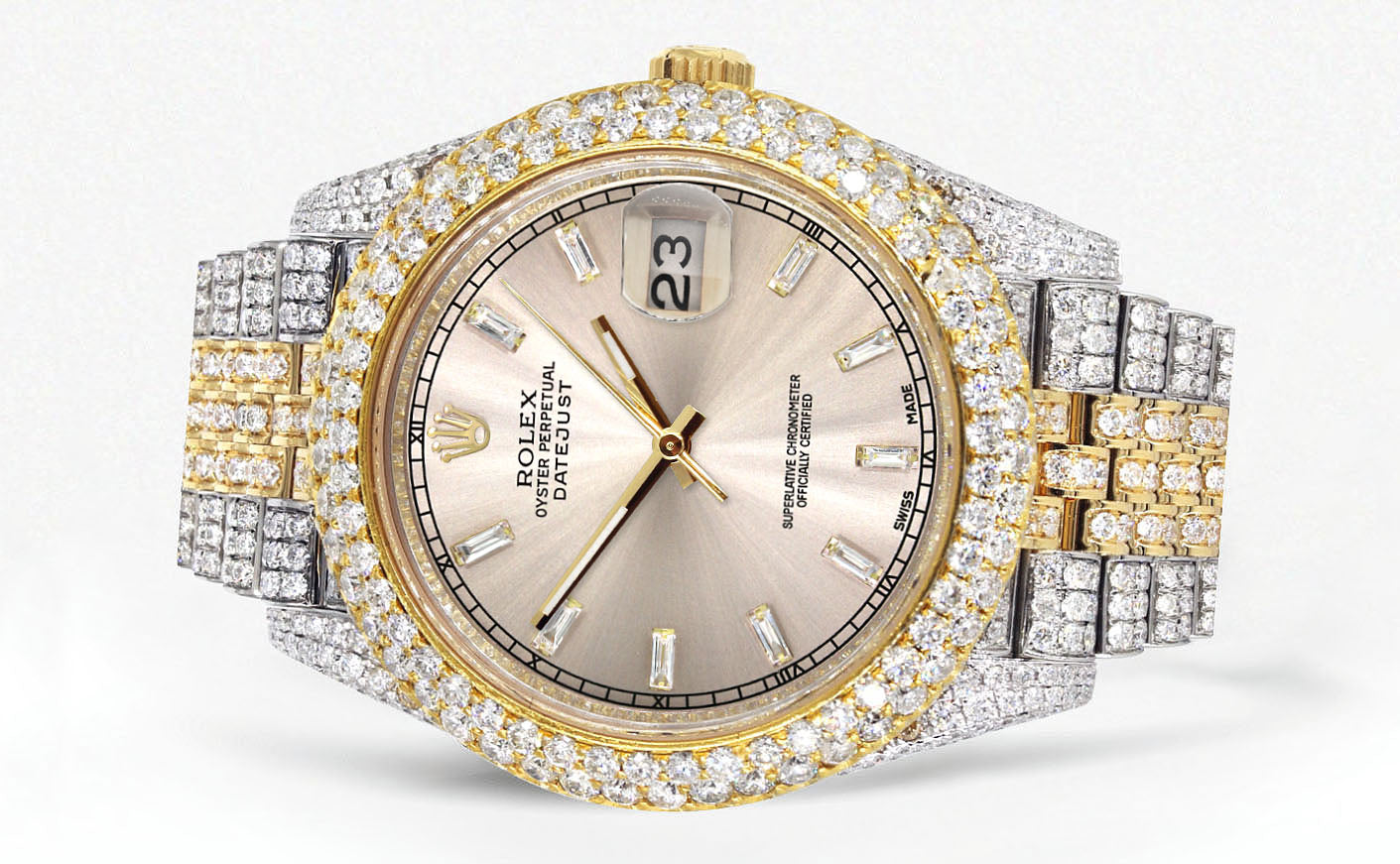Womens Diamond Iced Out Rolex Datejust 41 | 25 Carats Of Diamonds | Custom Dawn Pink Dial | Two Tone | Two Row | Jubilee Band