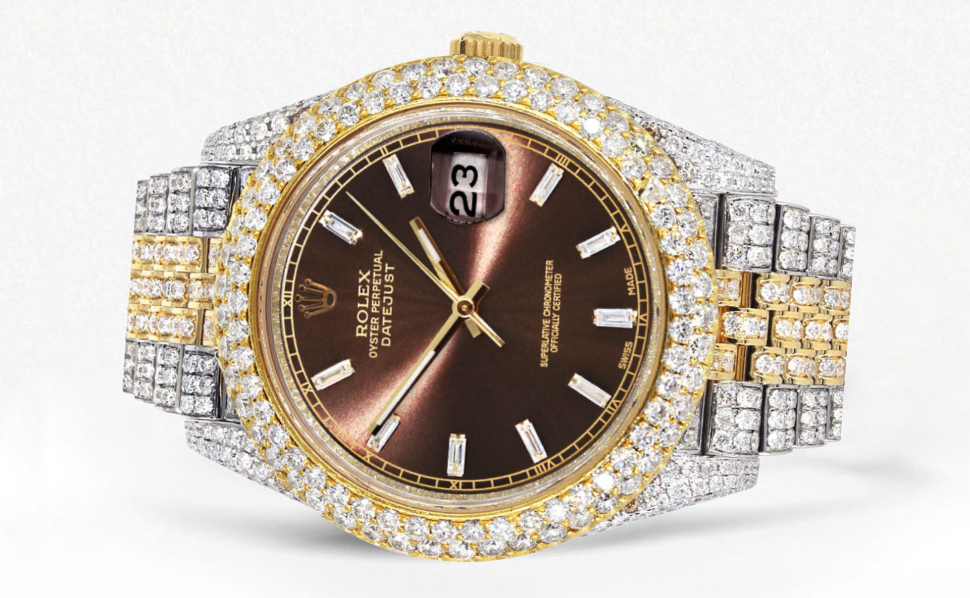 Womens Diamond Iced Out Rolex Datejust 41 | 25 Carats Of Diamonds | Custom Morocco Brown Dial | Two Tone | Two Row | Jubilee Band
