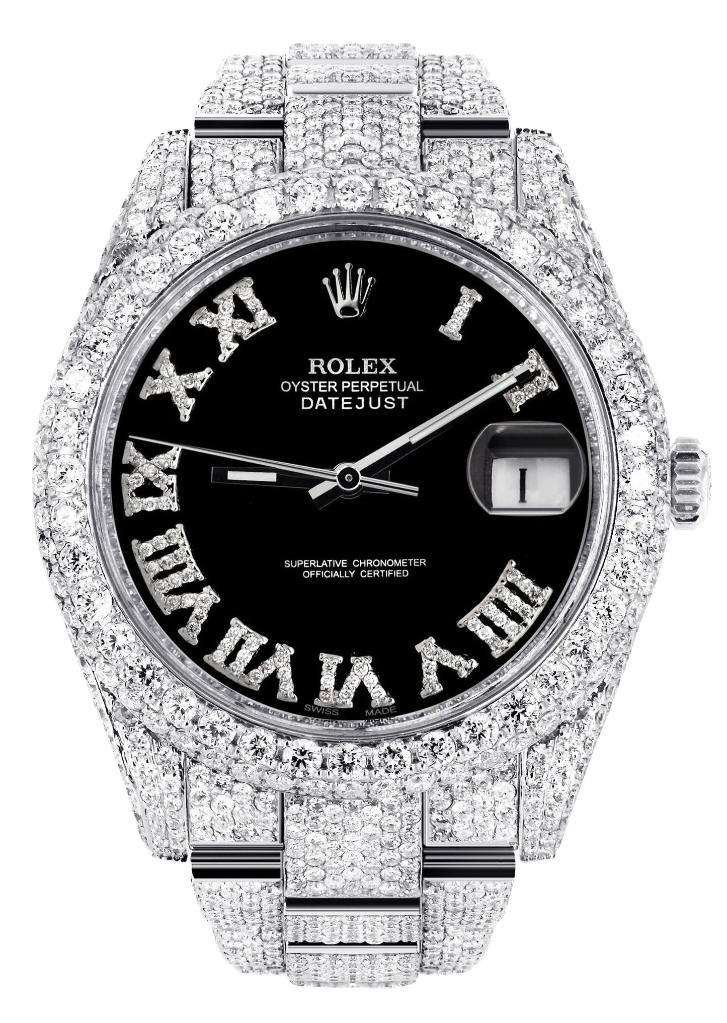 Womens Diamond Iced Out Rolex Datejust 41 | 25 Carats Of Diamonds | Custom Black Roman Numeral Diamond Dial | Two Row | Oyster Band