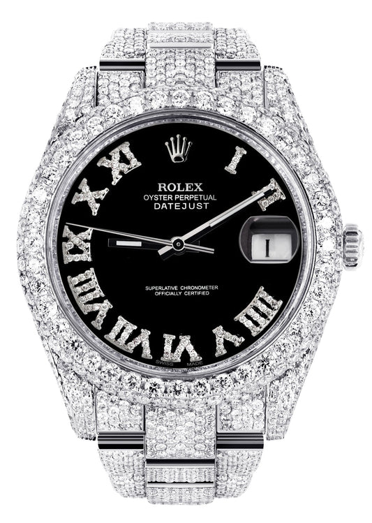 Womens Diamond Iced Out Rolex Datejust 41 | 25 Carats Of Diamonds | Custom Black Roman Numeral Diamond Dial | Two Row | Oyster Band
