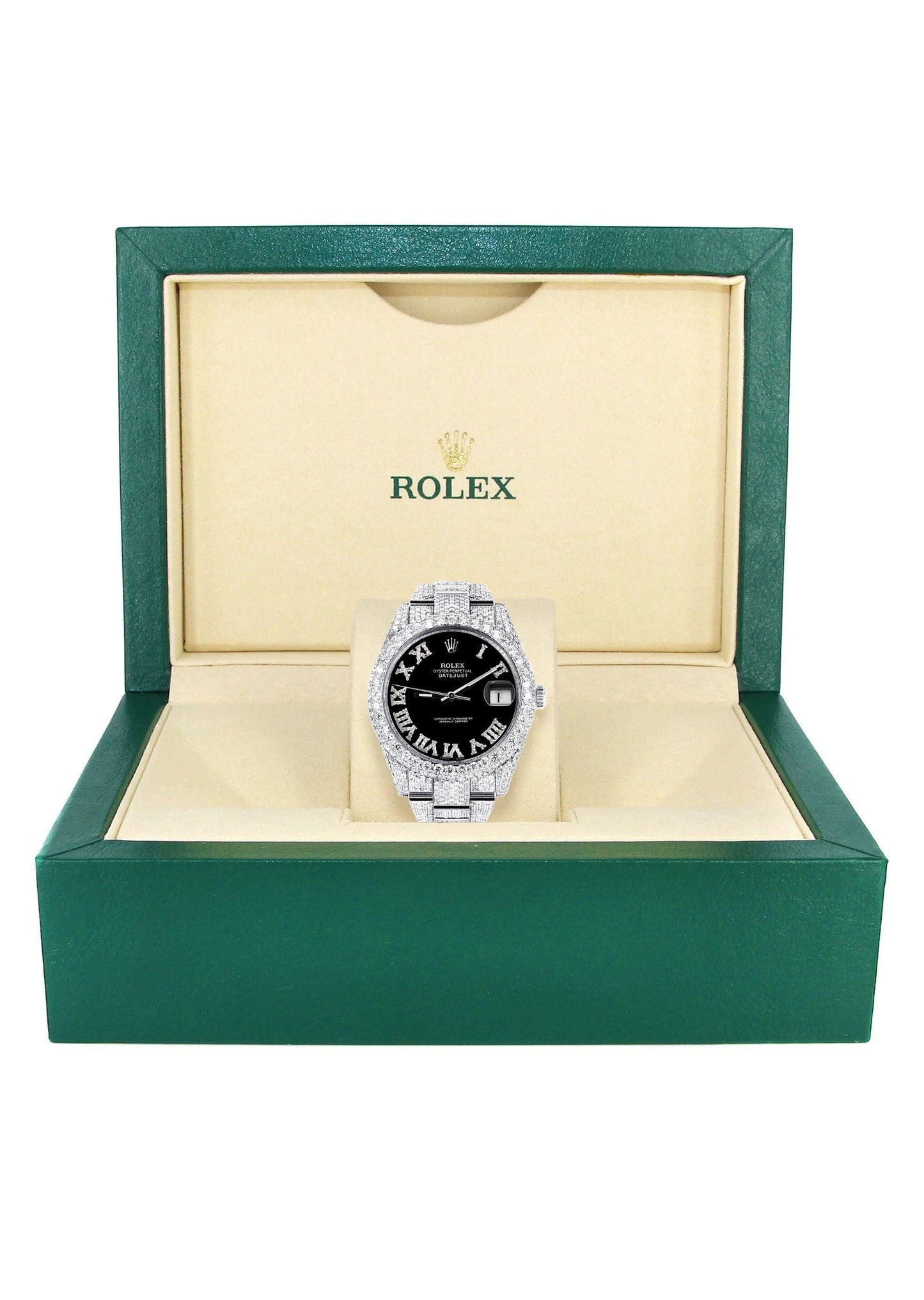 Womens Diamond Iced Out Rolex Datejust 41 | 25 Carats Of Diamonds | Custom Black Roman Numeral Diamond Dial | Two Row | Oyster Band