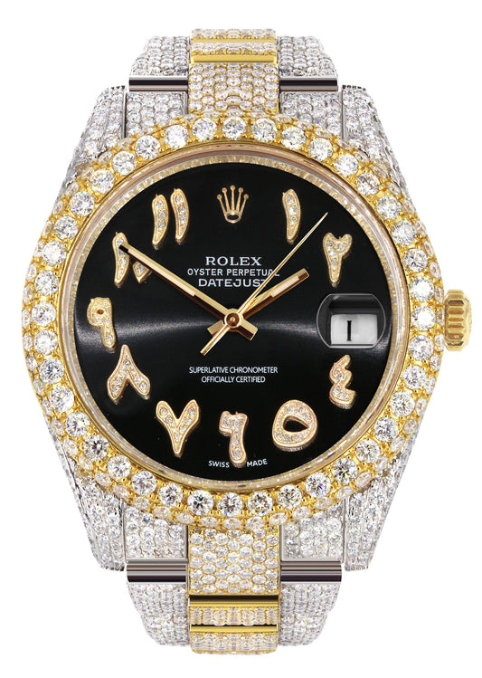 Womens Diamond Iced Out Rolex Datejust 41 | 25 Carats Of Diamonds | Custom Black Arabic Numeral Diamond Dial | Two Tone | Two Row | Oyster Band