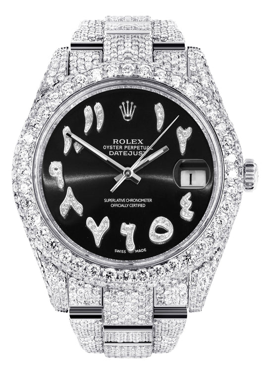 Womens Diamond Iced Out Rolex Datejust 41 | 25 Carats Of Diamonds | Custom Black Arabic Numeral Diamond Dial | Two Row | Oyster Band