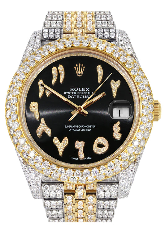 Womens Diamond Iced Out Rolex Datejust 41 | 25 Carats Of Diamonds | Custom Black Arabic Numeral Diamond Dial | Two Tone | Two Row | Jubilee Band