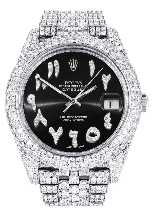 Womens Diamond Iced Out Rolex Datejust 41 | 25 Carats Of Diamonds | Custom Black Arabic Numeral Diamond Dial | Two Row | Jubilee Band