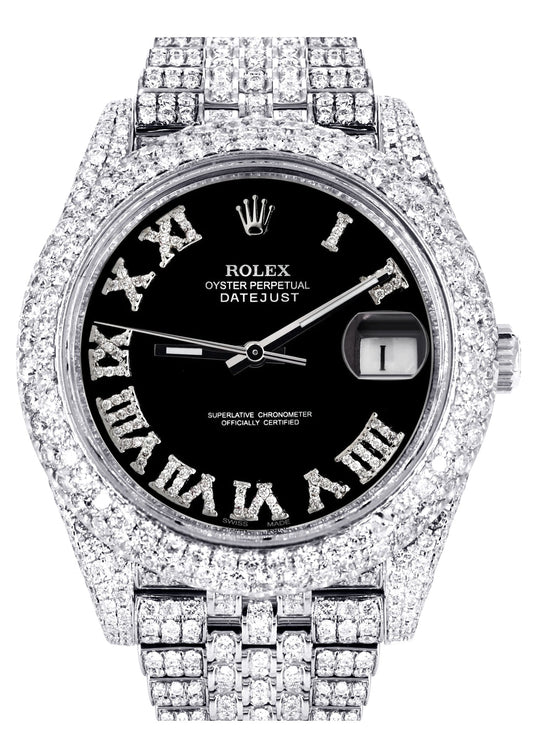 Womens Diamond Iced Out Rolex Datejust 41 | 25 Carats Of Diamonds | Custom Black Roman Numeral Diamond Dial | Two Row | Jubilee Band