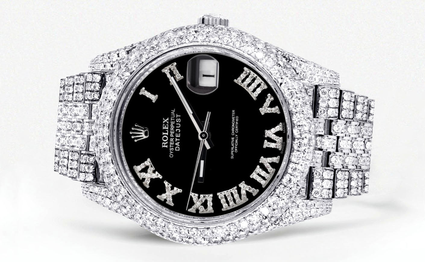 Womens Diamond Iced Out Rolex Datejust 41 | 25 Carats Of Diamonds | Custom Black Roman Numeral Diamond Dial | Two Row | Jubilee Band