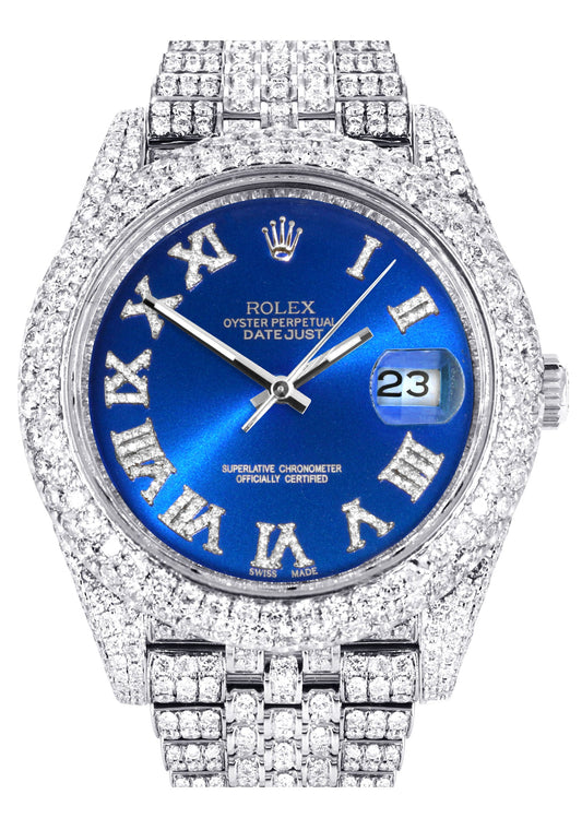 Womens Diamond Iced Out Rolex Datejust 41 | 25 Carats Of Diamonds | Custom Blue Roman Numeral Diamond Dial | Two Row | Jubilee Band