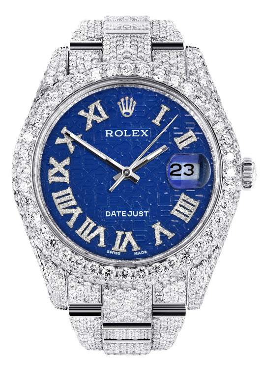 Womens Diamond Iced Out Rolex Datejust 41 | 25 Carats Of Diamonds | Blue Text Pattern Dial | Two Row | Oyster Band