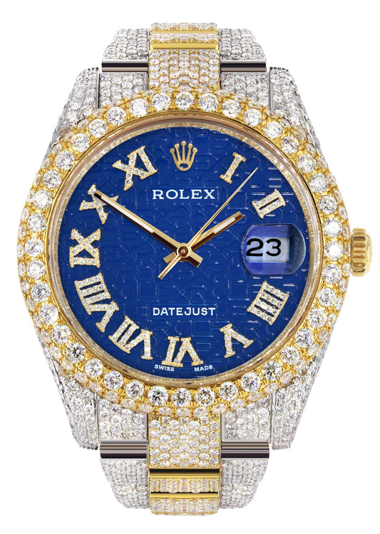 Womens Diamond Iced Out Rolex Datejust 41 | 25 Carats Of Diamonds | Blue Text Pattern Dial | Two Tone | Two Row | Oyster Band