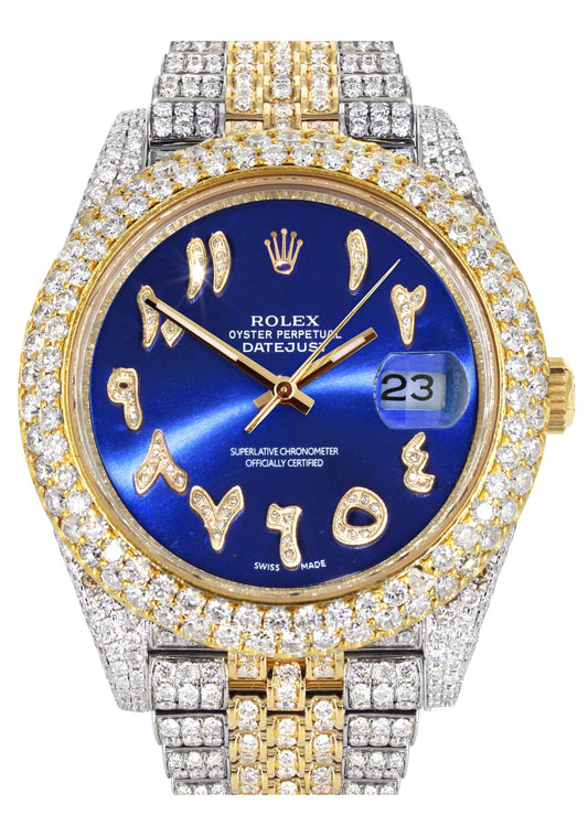 Womens Diamond Iced Out Rolex Datejust 41 | 25 Carats Of Diamonds | Custom Blue Arabic Numeral Diamond Dial | Two Tone | Two Row | Jubilee Band
