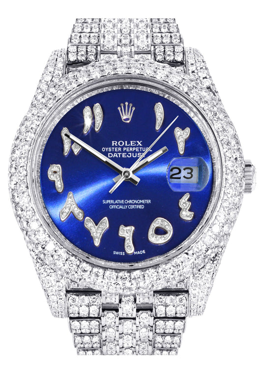 Womens Diamond Iced Out Rolex Datejust 41 | 25 Carats Of Diamonds | Custom Blue Arabic Numeral Diamond Dial | Two Row | Jubilee Band