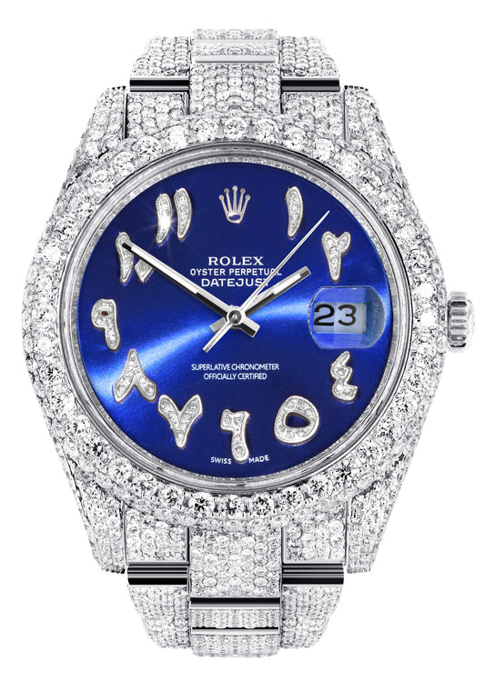 Womens Diamond Iced Out Rolex Datejust 41 | 25 Carats Of Diamonds | Custom Blue Arabic Numeral Diamond Dial | Two Row | Oyster Band