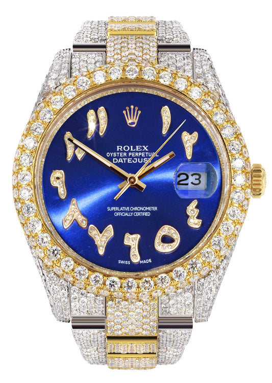 Womens Diamond Iced Out Rolex Datejust 41 | 25 Carats Of Diamonds | Custom Blue Arabic Numeral Diamond Dial | Two Tone | Two Row |  Oyster Band
