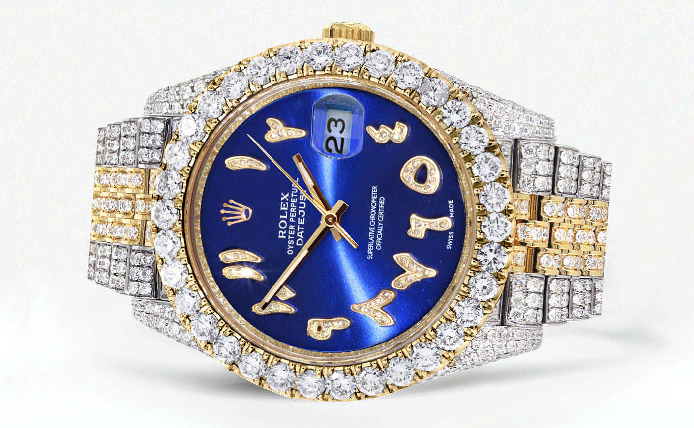 Womens Diamond Iced Out Rolex Datejust 41 | 25 Carats Of Diamonds | Custom Blue Arabic Numeral Diamond Dial | Two Row | Jubilee Band