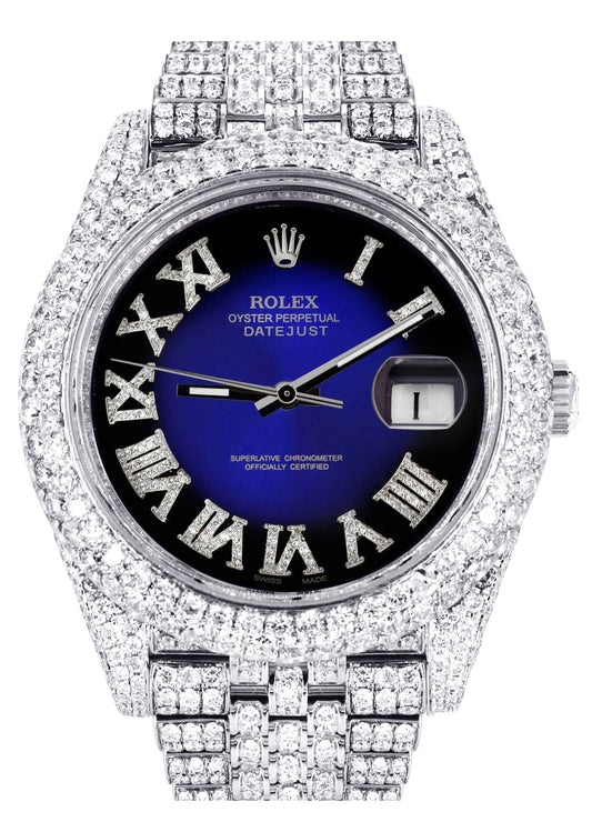 Womens Diamond Iced Out Rolex Datejust 41 | 25 Carats Of Diamonds | Custom Blue Black Roman Numeral Diamond Dial | Two Row | Jubilee Band