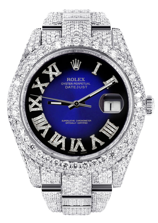 Womens Diamond Iced Out Rolex Datejust 41 | 25 Carats Of Diamonds | Custom Blue Black Roman Numeral Diamond Dial | Two Row | Oyster Band