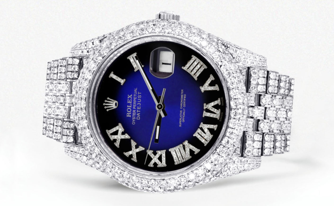 Womens Diamond Iced Out Rolex Datejust 41 | 25 Carats Of Diamonds | Custom Blue Black Roman Numeral Diamond Dial | Two Row | Jubilee Band